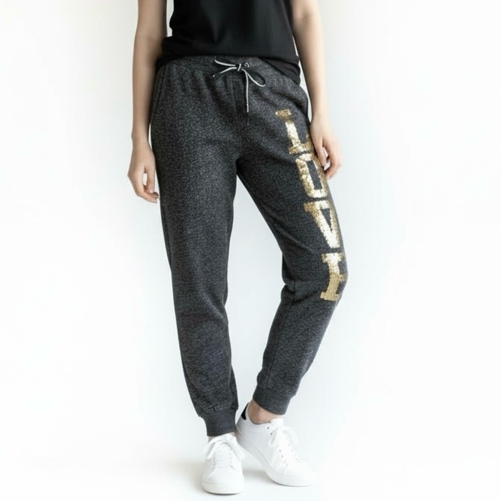 4/$24 Reflex Grey with Gold Sequence LOVE Logo Sweatpants